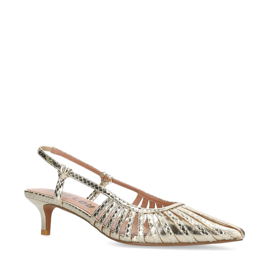 Gold high-heeled shoe with embellishments on a white background