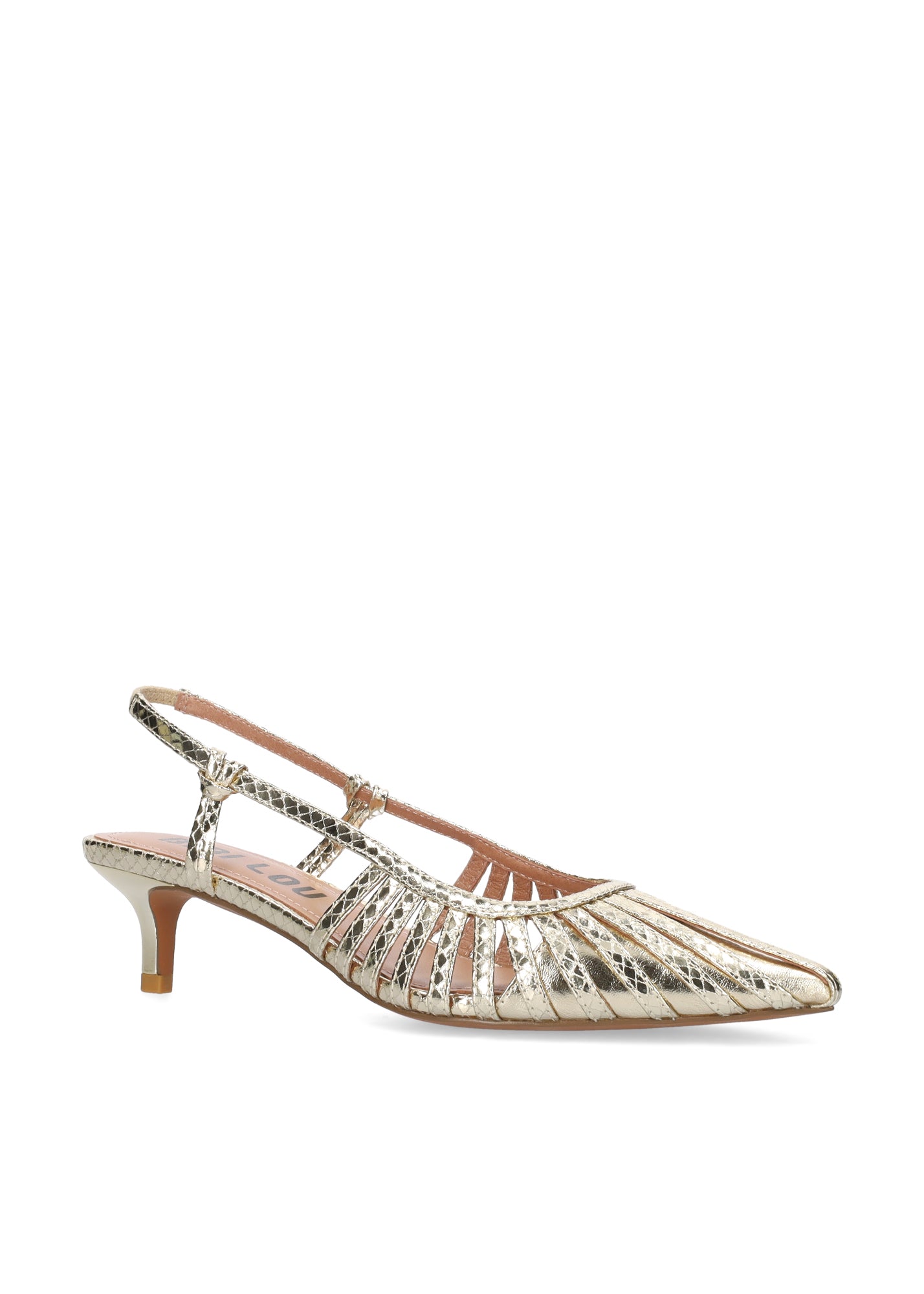 Gold high-heeled shoe with embellishments on a white background
