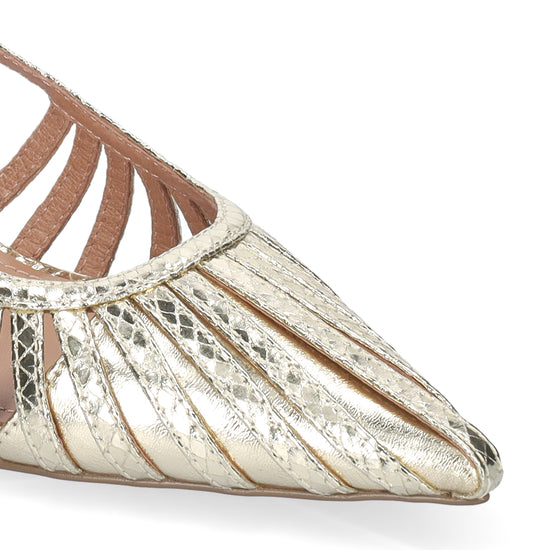 Gold and bronze pointed-toe shoe on a white background