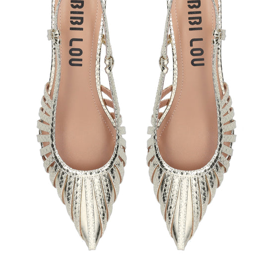 Pair of silver pointed-toe shoes with embellishments on a white background, branded 'BIBI LOU'.