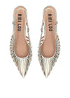 Pair of silver pointed-toe shoes with embellishments on a white background, branded 'BIBI LOU'.