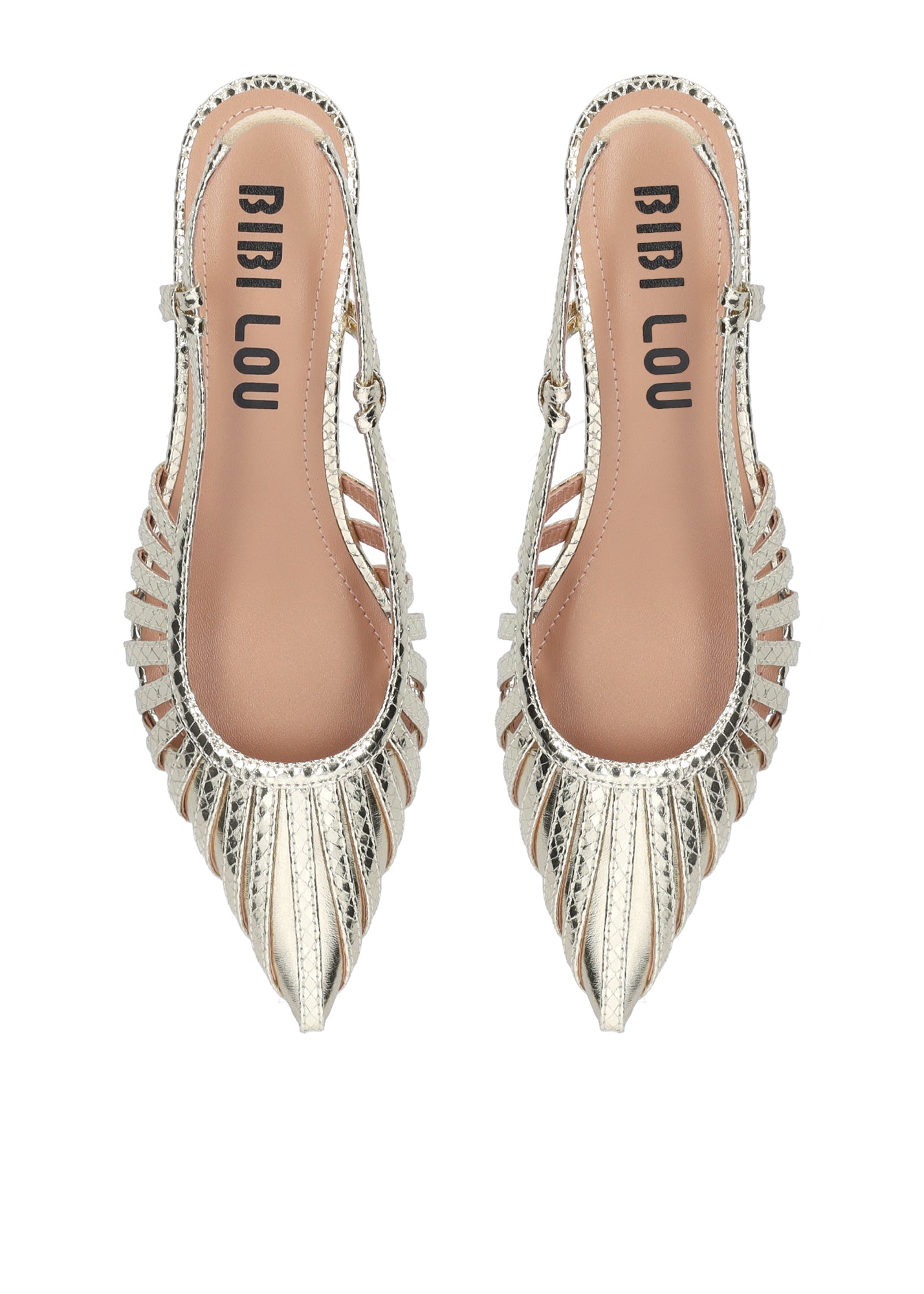 Pair of silver pointed-toe shoes with embellishments on a white background, branded 'BIBI LOU'.