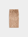 A rectangular swatch of rose gold sequin fabric, centered on a light gray background.