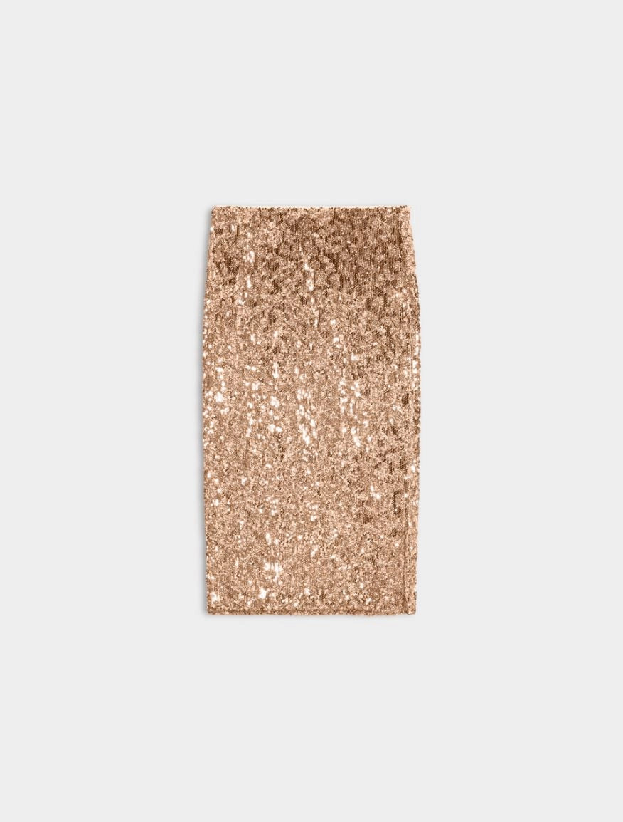 A rectangular swatch of rose gold sequin fabric, centered on a light gray background.