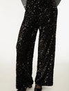 Black sequined wide-leg pants with a glittering silver sparkle effect, shown on a model from the waist down against a plain white background.