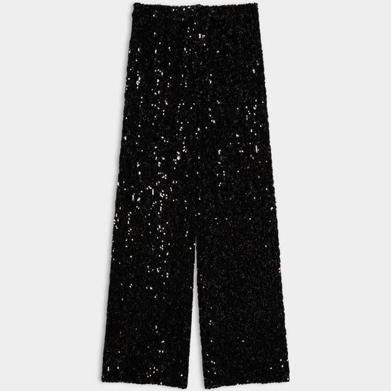 Black wide-leg trousers covered in shimmering sequins, shown flat against a light gray background.