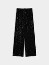 Black wide-leg trousers covered in shimmering sequins, shown flat against a light gray background.