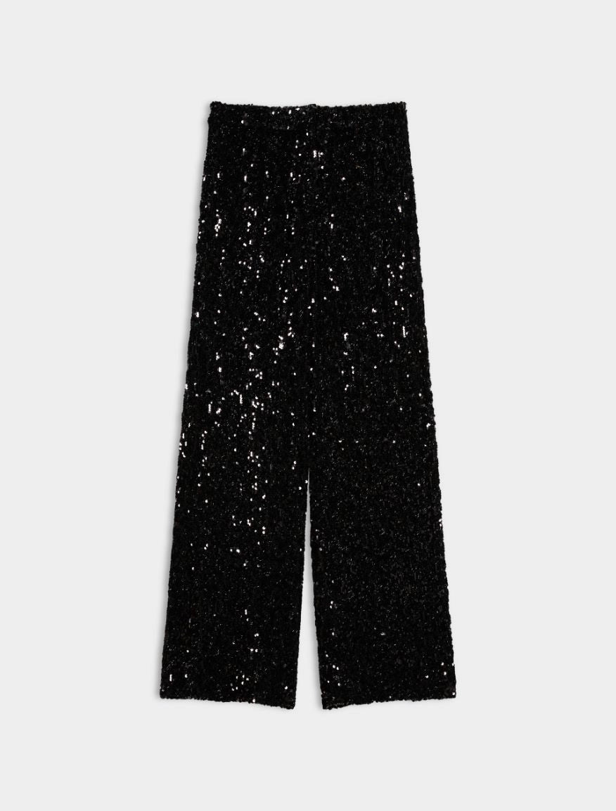 Black wide-leg trousers covered in shimmering sequins, shown flat against a light gray background.