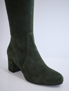 Tall green suede boot with block heel and inside zip fastening