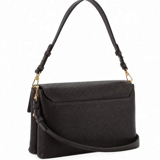 A black pebbled leather shoulder bag with a top flap, gold-tone hardware, and a long shoulder strap, shown on a plain white background.