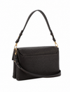 A black pebbled leather shoulder bag with a top flap, gold-tone hardware, and a long shoulder strap, shown on a plain white background.