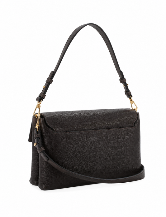 A black pebbled leather shoulder bag with a top flap, gold-tone hardware, and a long shoulder strap, shown on a plain white background.
