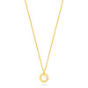 A delicate yellow gold chain necklace with a small circular pendant featuring a clear round gemstone, displayed against a solid white background.
