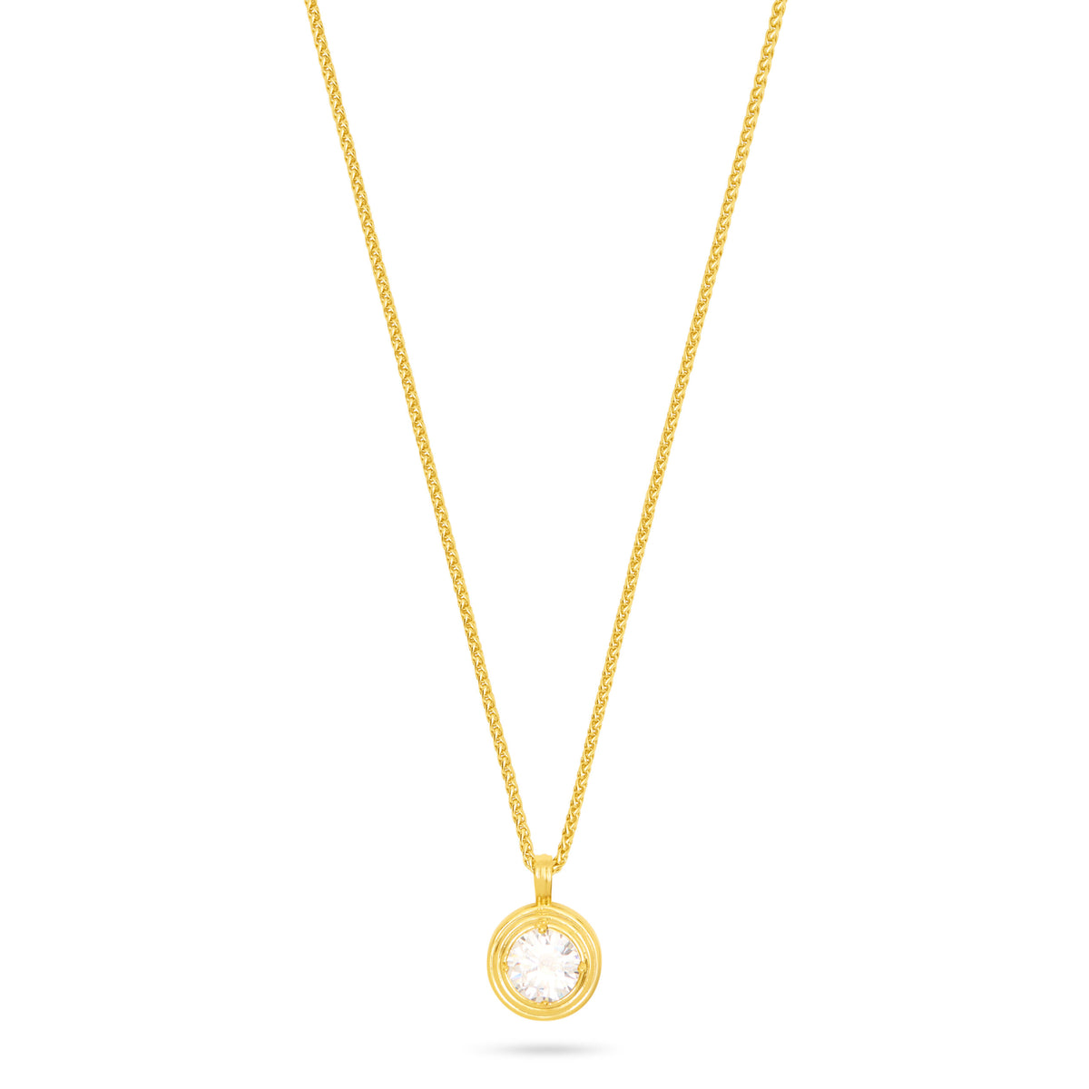 A delicate yellow gold chain necklace with a small circular pendant featuring a clear round gemstone, displayed against a solid white background.