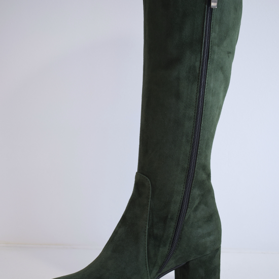 Tall green suede boot with block heel and inside zip fastening