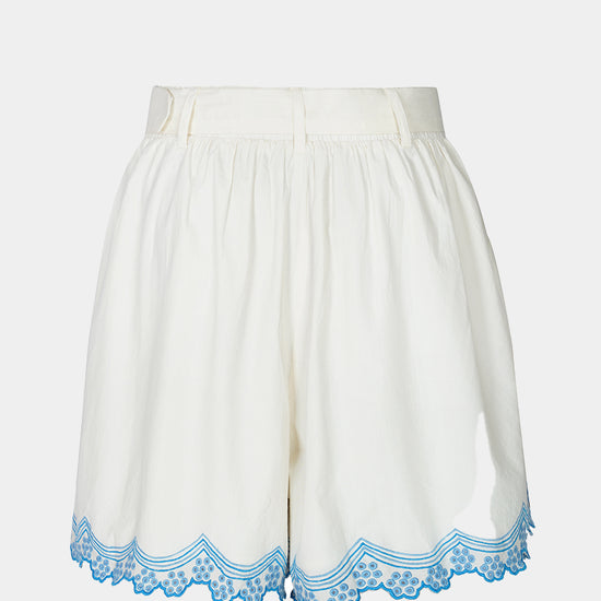 White shorts with blue lace trim on a white background