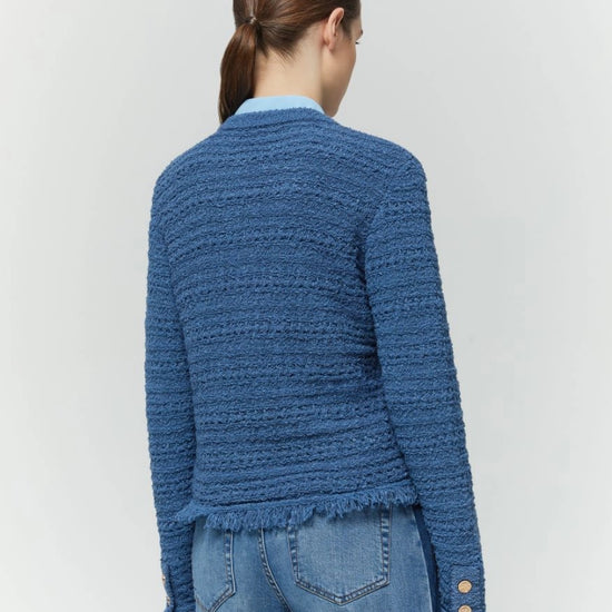 blue cotton blend cardigan with fringe detail, gold buttons and round neck rear view 