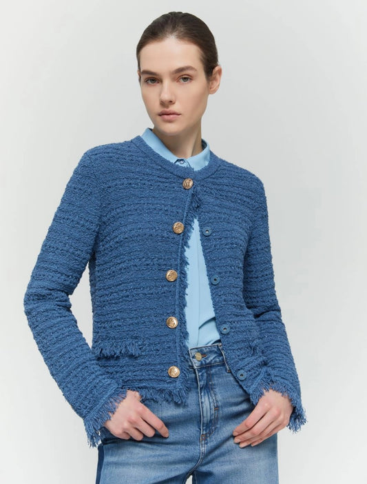 blue cotton blend cardigan with fringe detail, gold buttons and round neck model shot