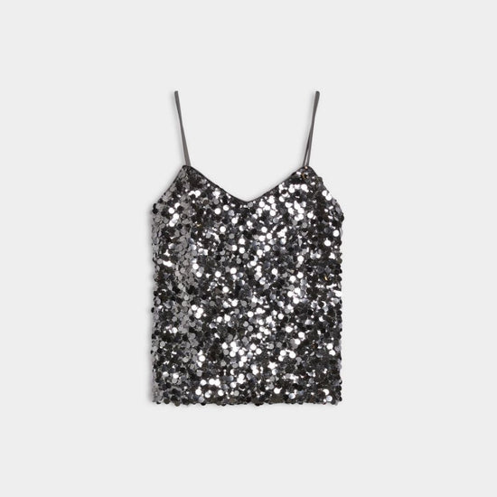 Charcoal sequin camisole on a white background