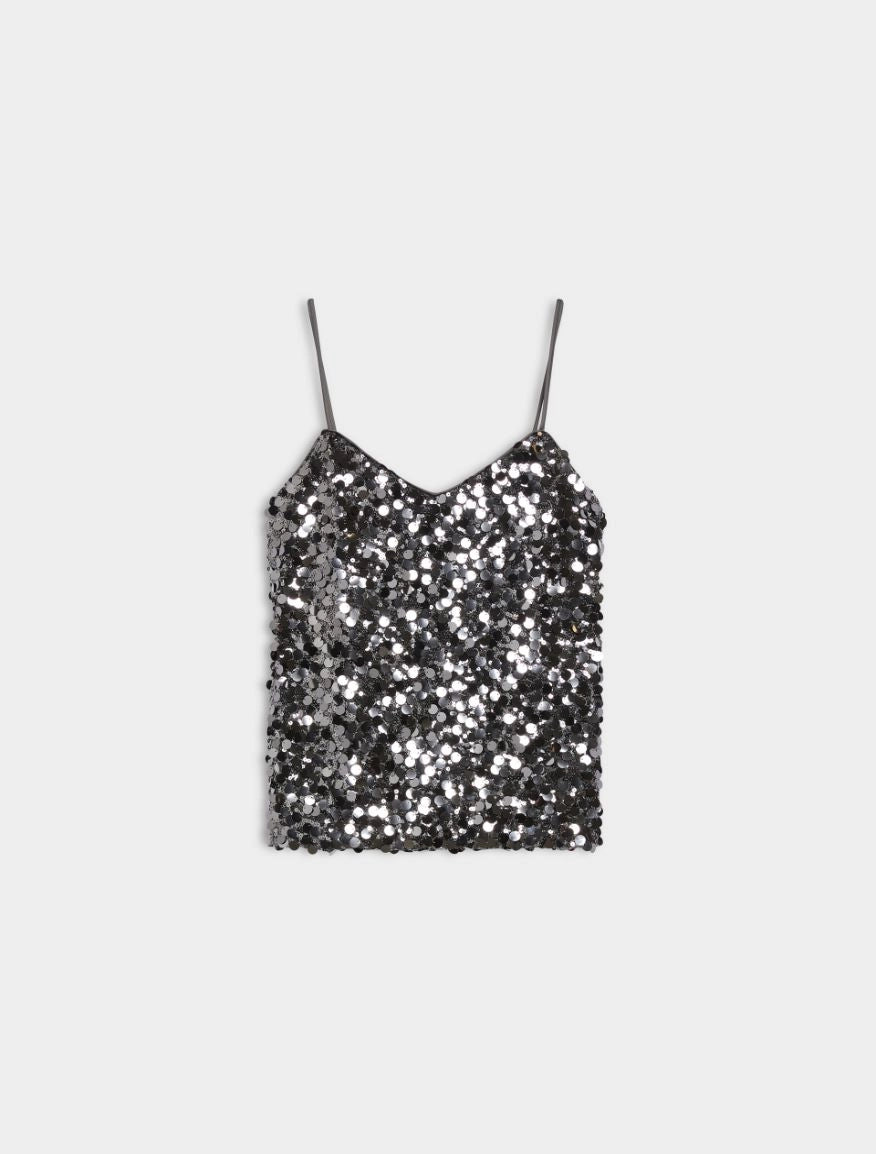 Charcoal sequin camisole on a white background