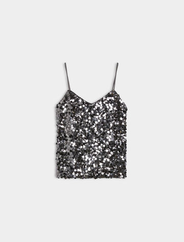 Charcoal sequin camisole on a white background
