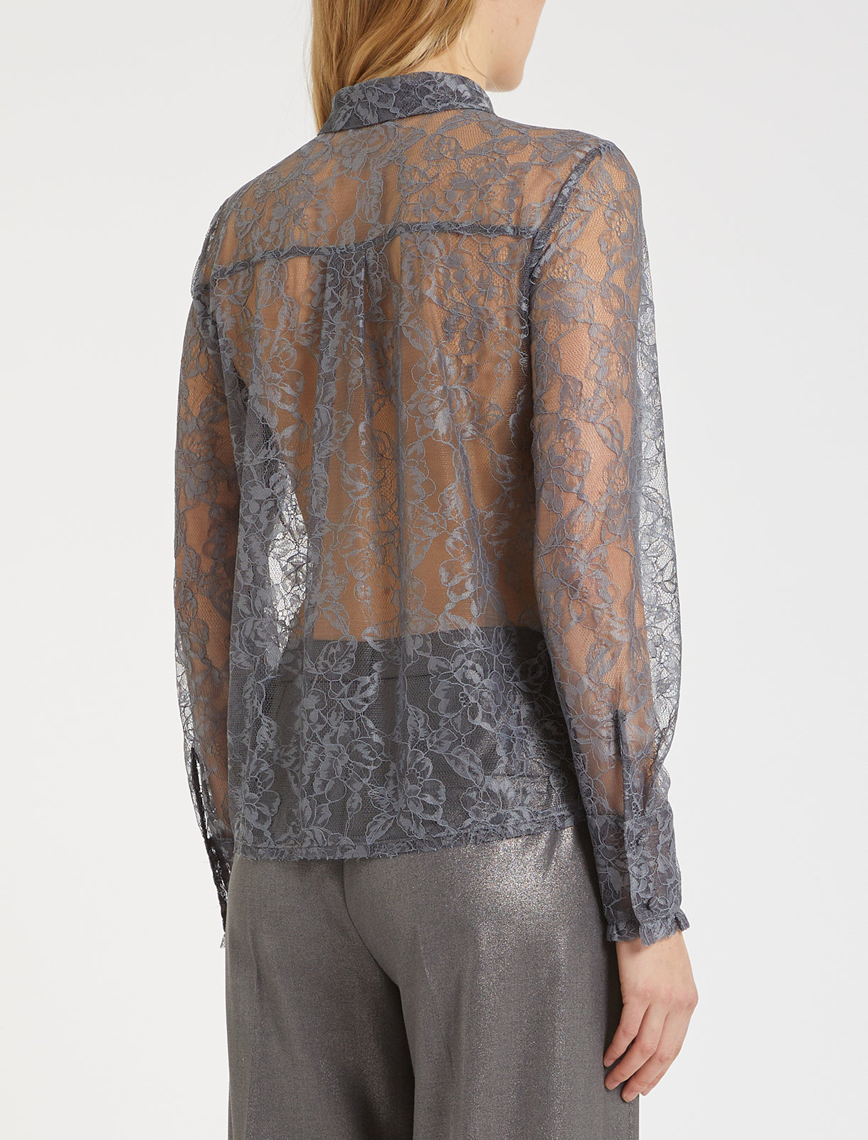 Grey lace sheer shirt rear view