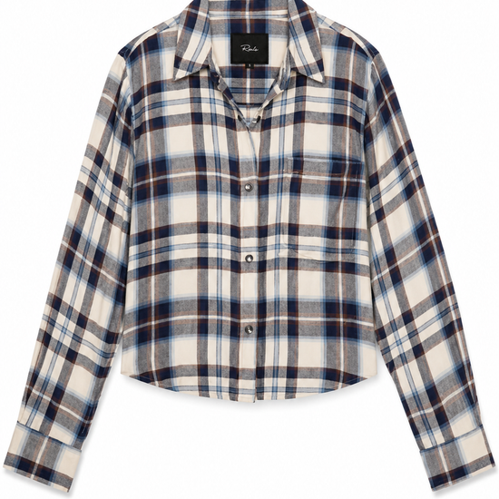 A cropped long-sleeve button-up shirt in a blue, white, and brown plaid pattern, displayed flat against a solid white background.