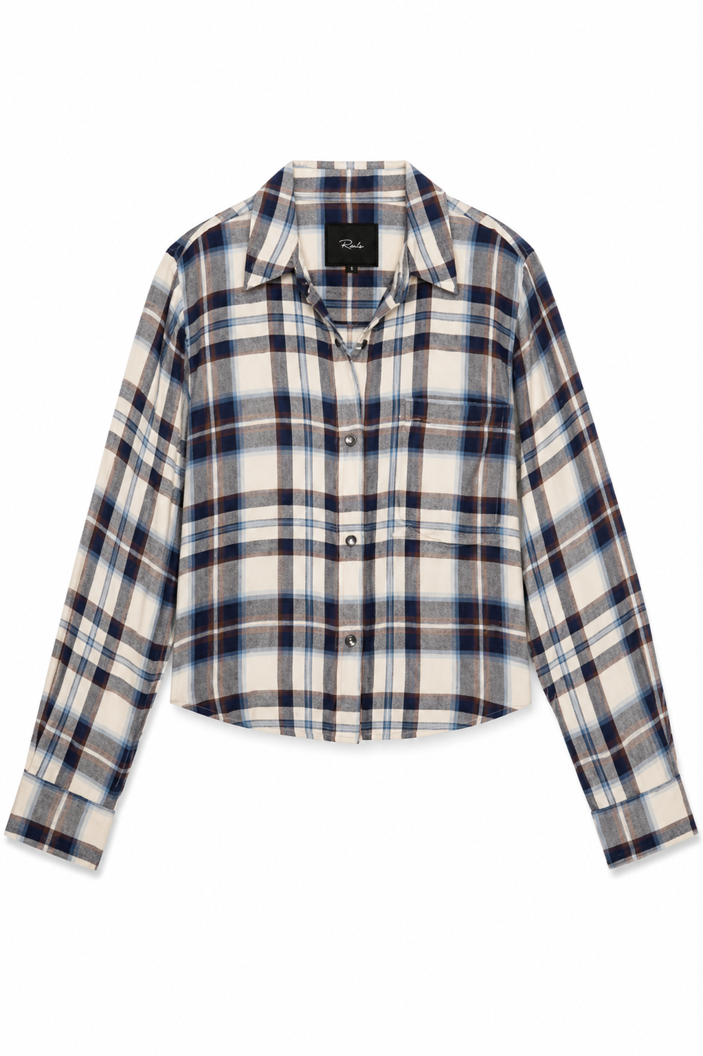 A cropped long-sleeve button-up shirt in a blue, white, and brown plaid pattern, displayed flat against a solid white background.