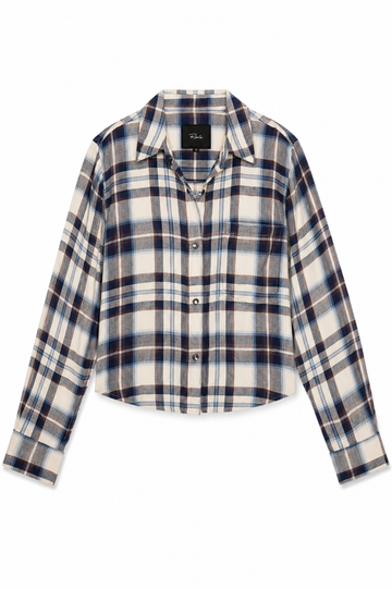 A cropped long-sleeve button-up shirt in a blue, white, and brown plaid pattern, displayed flat against a solid white background.