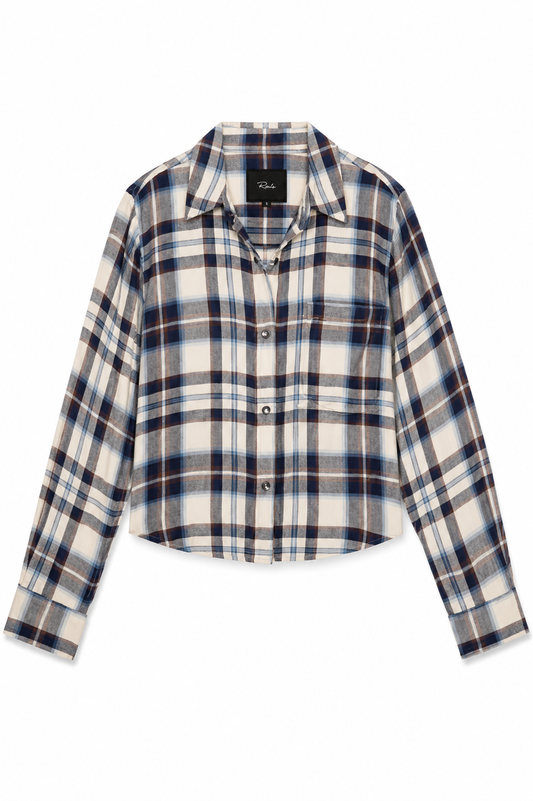 A cropped long-sleeve button-up shirt in a blue, white, and brown plaid pattern, displayed flat against a solid white background.