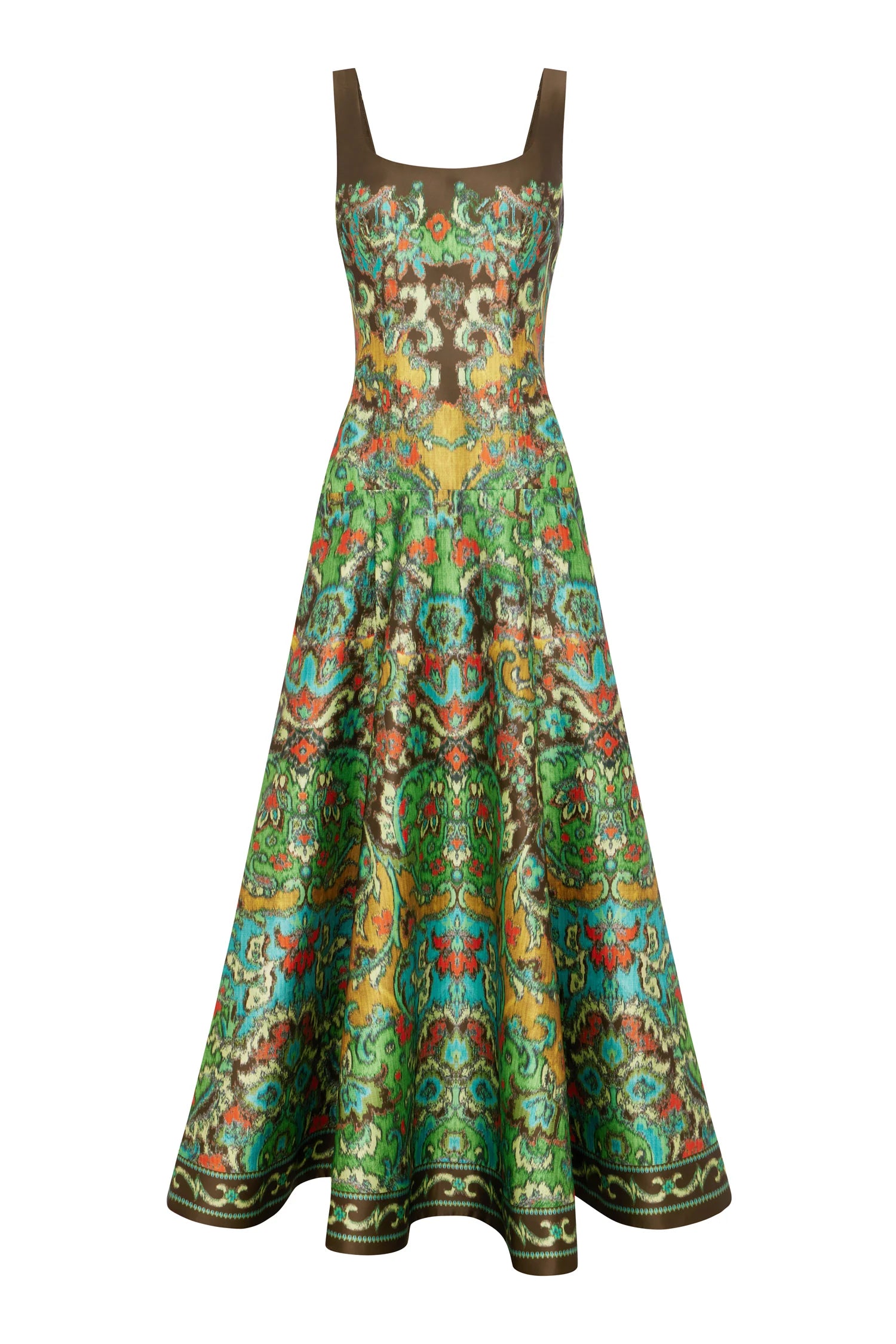 A sleeveless A-line maxi dress with a brown bodice and a vibrant green, gold, and red patterned skirt, shown against a plain white background.