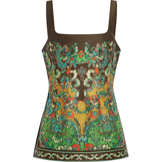 A sleeveless camisole top with a square neckline and wide shoulder straps, featuring a symmetrical, ornate paisley-style print in green, gold, brown, and red on a white background.