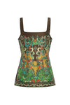 A sleeveless camisole top with a square neckline and wide shoulder straps, featuring a symmetrical, ornate paisley-style print in green, gold, brown, and red on a white background.