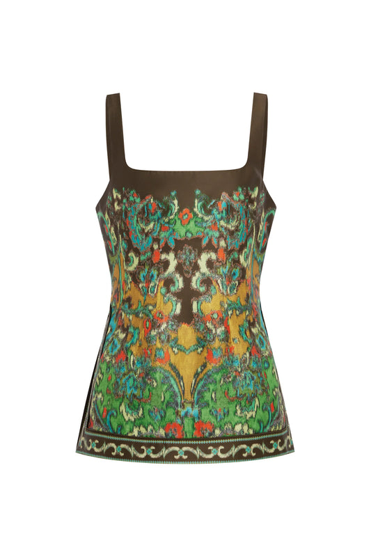 A sleeveless camisole top with a square neckline and wide shoulder straps, featuring a symmetrical, ornate paisley-style print in green, gold, brown, and red on a white background.