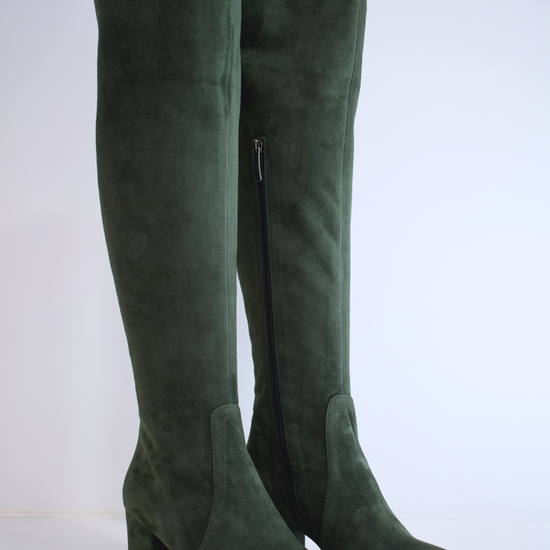 Tall green suede boot with block heel and inside zip fastening