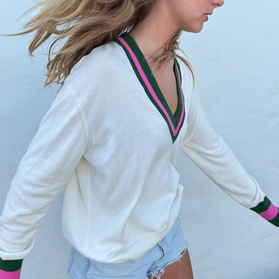 Cream cashmere blend knit with green and pink details