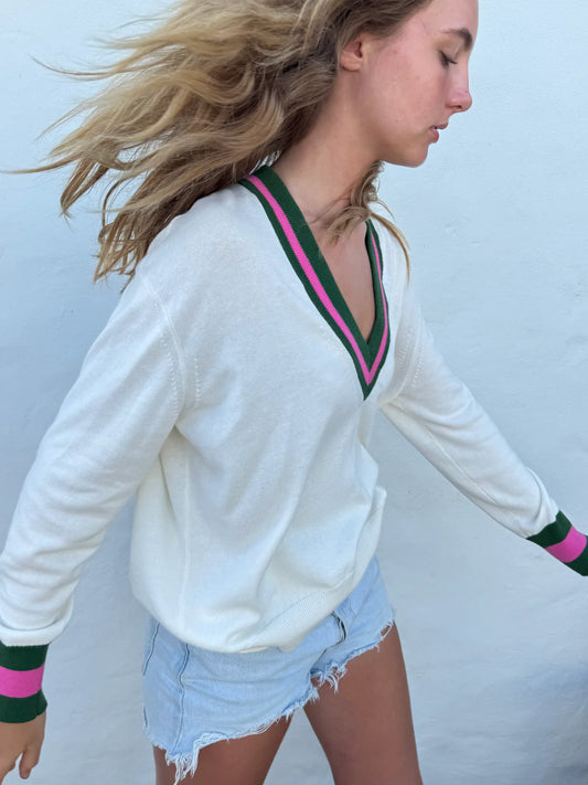 Cream cashmere blend knit with green and pink details