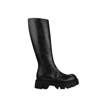 below the knee black leather boots with side zip and chunky sole 