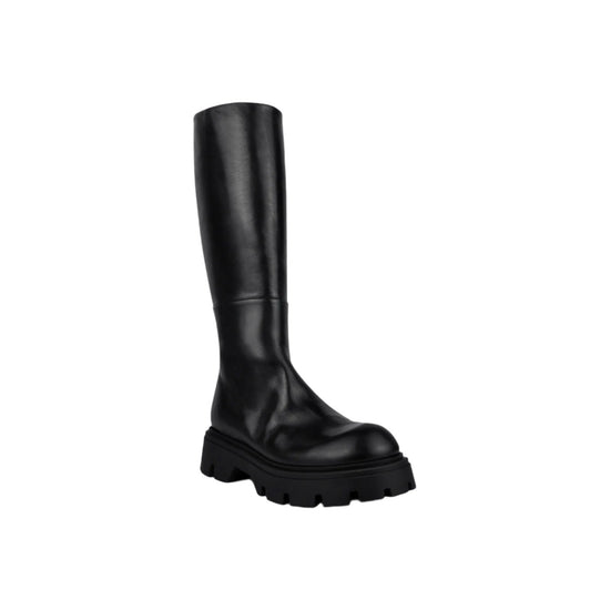 below the knee black leather boots with side zip and chunky sole 