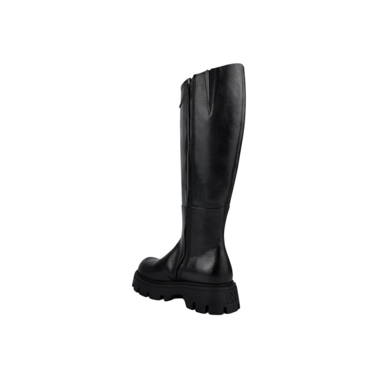 below the knee black leather boots with side zip and chunky sole  rear view 