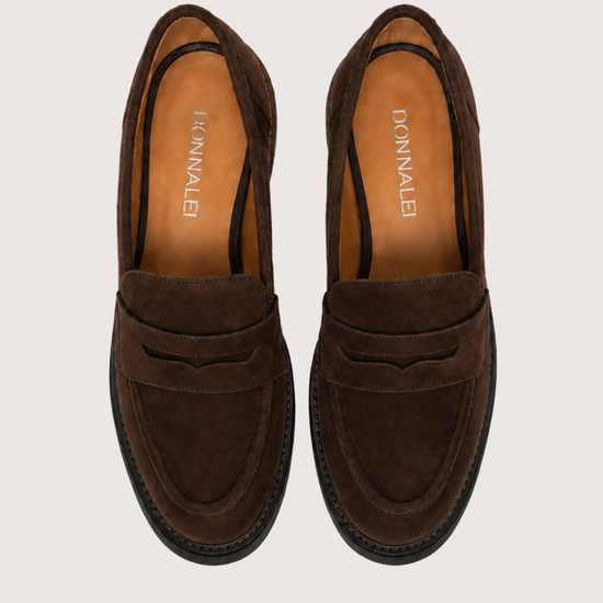 A pair of dark brown suede penny loafers shown from a top-down view on a light beige background. The brand name 'DONNALEI' is printed in gold on the tan insoles.