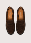 A pair of dark brown suede penny loafers shown from a top-down view on a light beige background. The brand name 'DONNALEI' is printed in gold on the tan insoles.