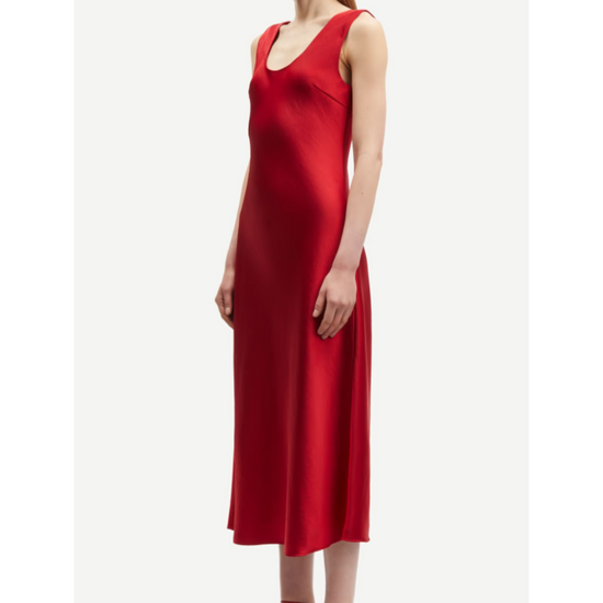 red sleeveless satin dress with round neck and back side view