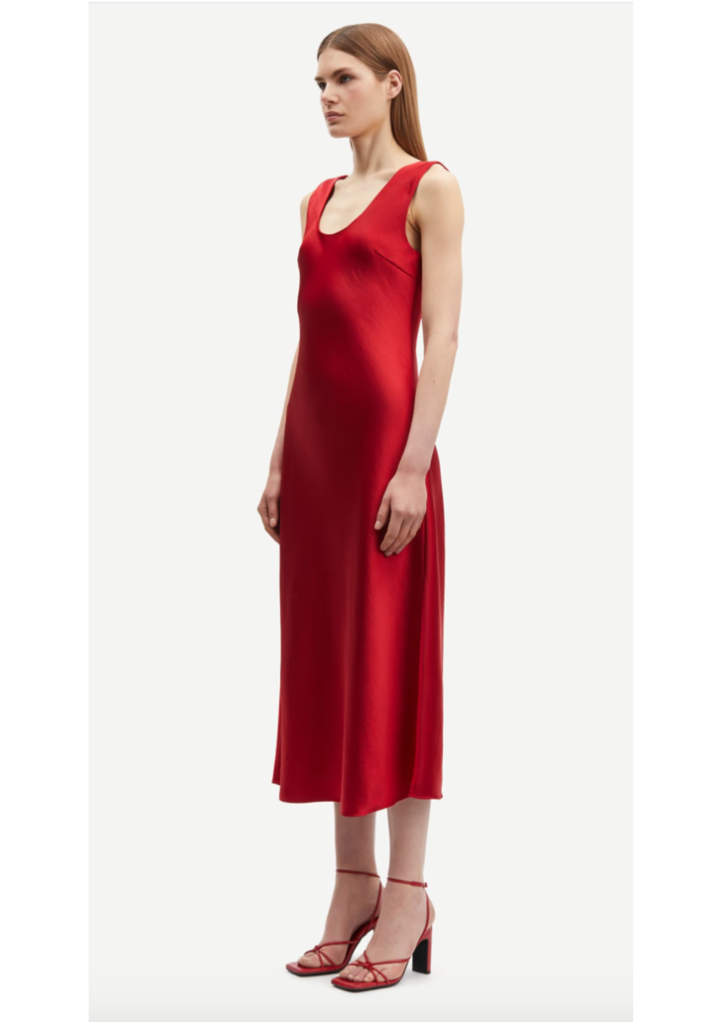 red sleeveless satin dress with round neck and back side view