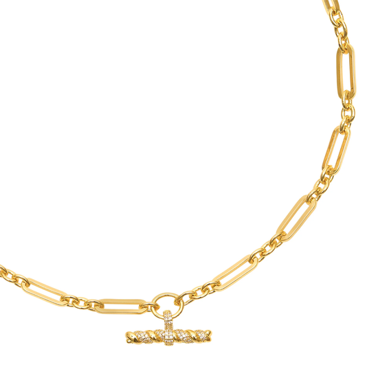 gold link necklace with cz t bar pendant close up