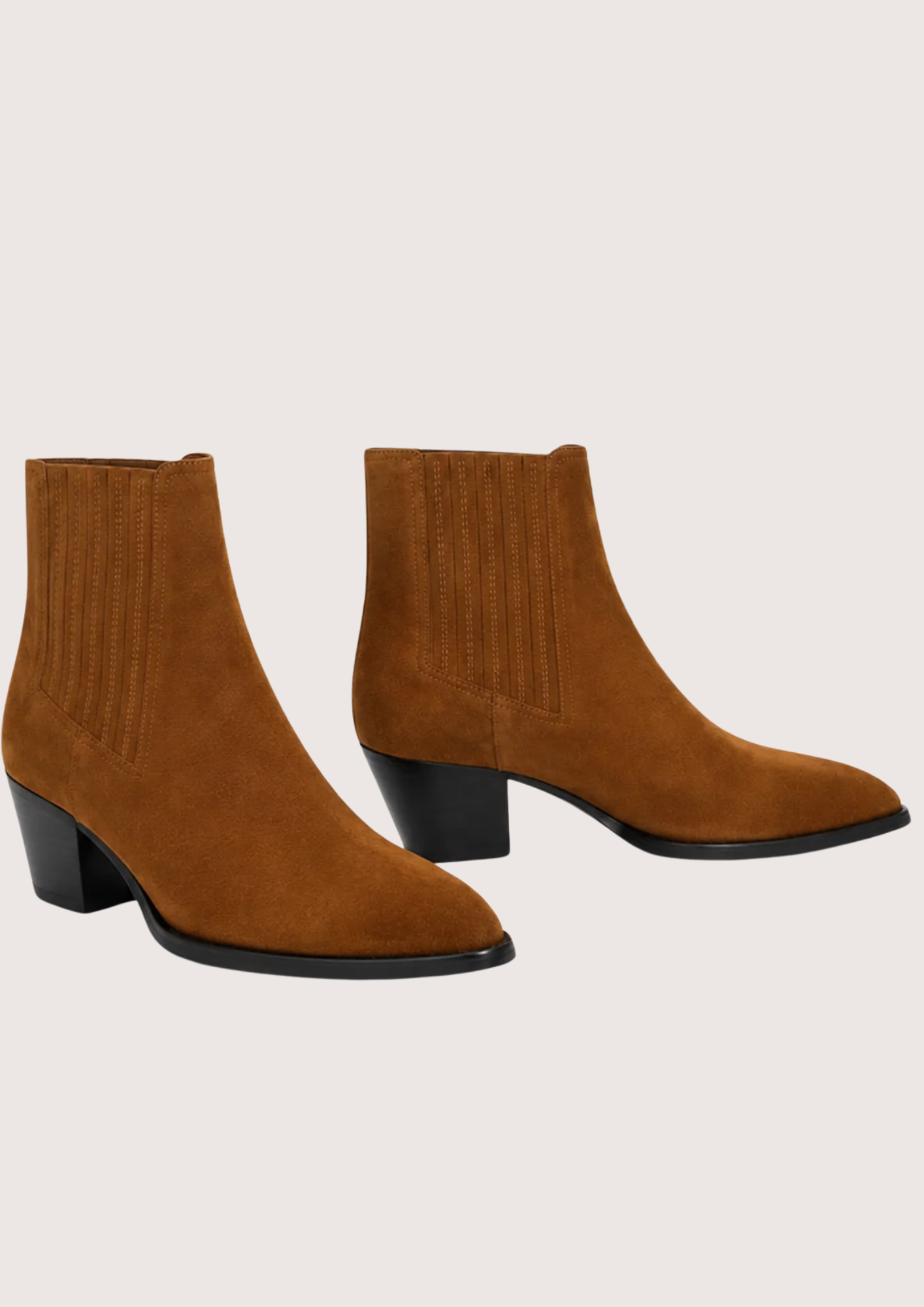 A pair of women's brown suede ankle boots with black block heels, shown from the front and side angles against a light beige background.