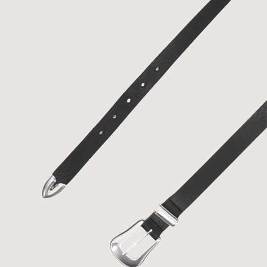 Black belt with silver buckle on a light gray background