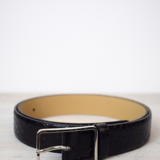 Medium mock croc black leather belt with silver oblong buckle