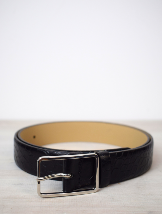 Medium mock croc black leather belt with silver oblong buckle