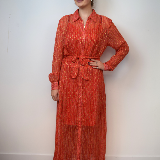 Orange and gold thread maxi sheer shirt dress with tie waist